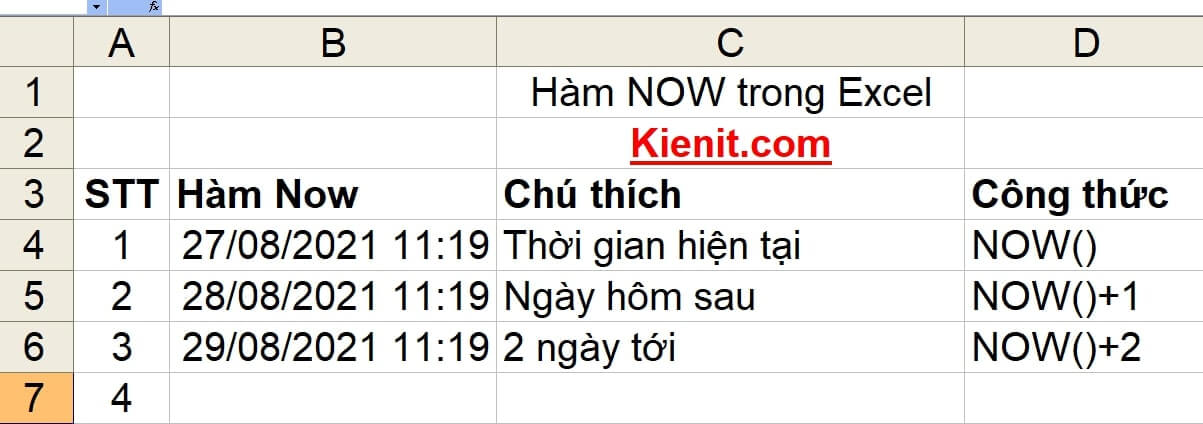 hàm now trong excel