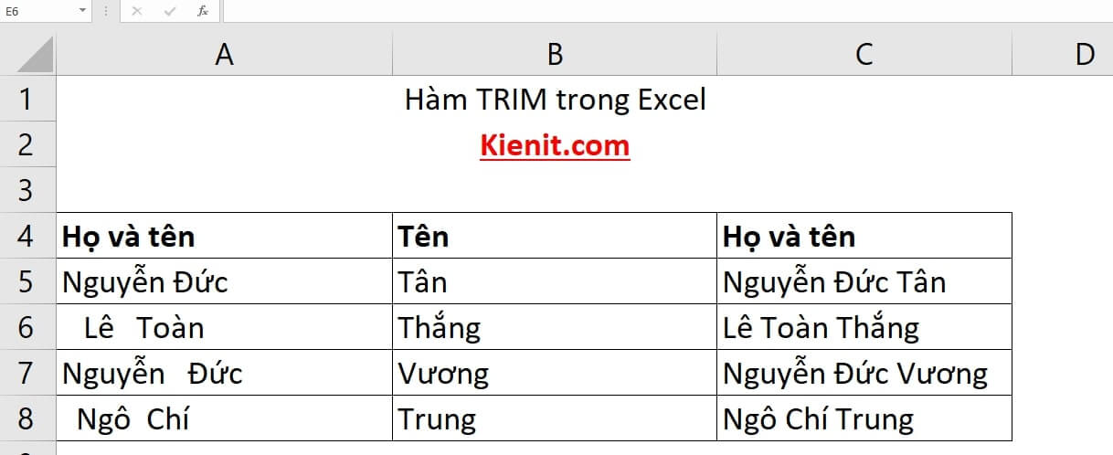 Ví dụ hướng dẫn dùng hàm TRIM trong Excel