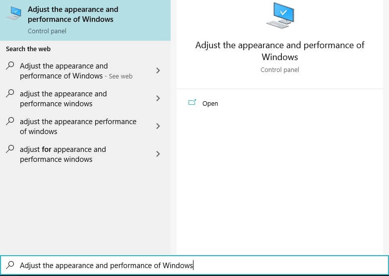 Tìm kiếm Adjust the appearance and performance of Windows