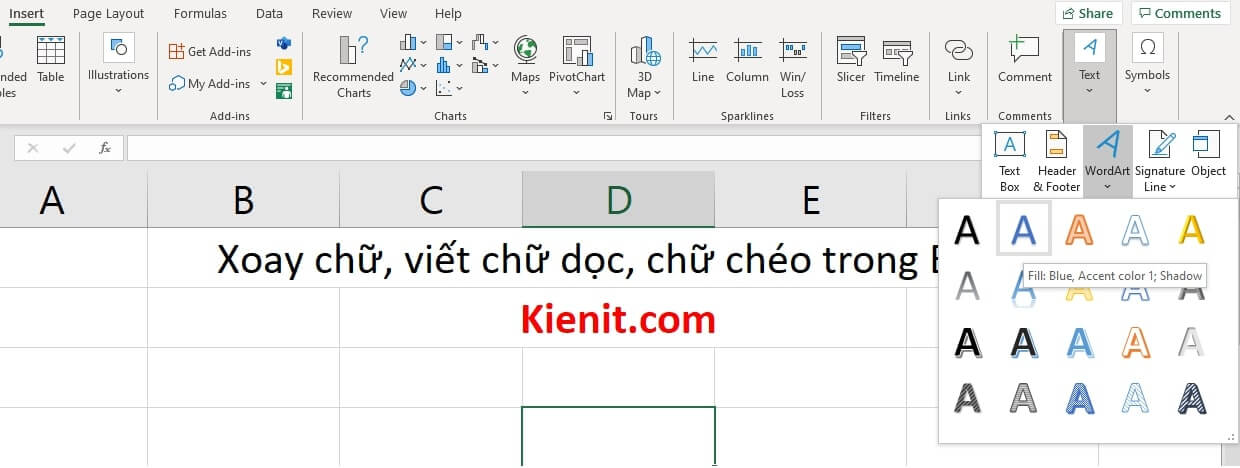 Cách viết chữ dọc trong Excel bằng dùng công cụ Word Art