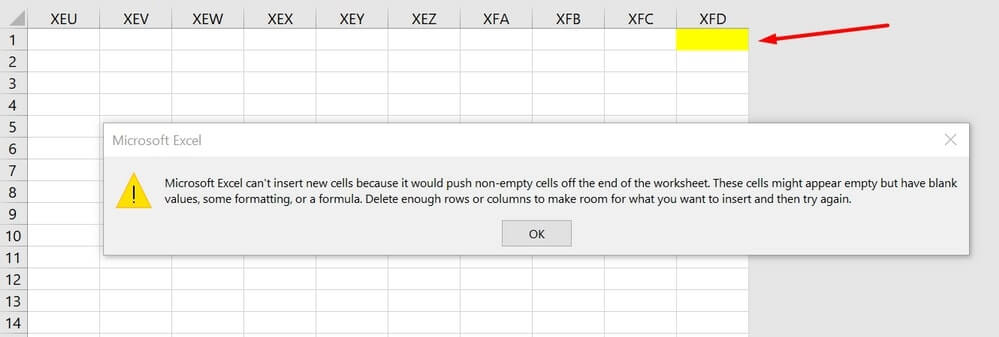 Microsoft Excel cannot insert new cells because it would push non empty
