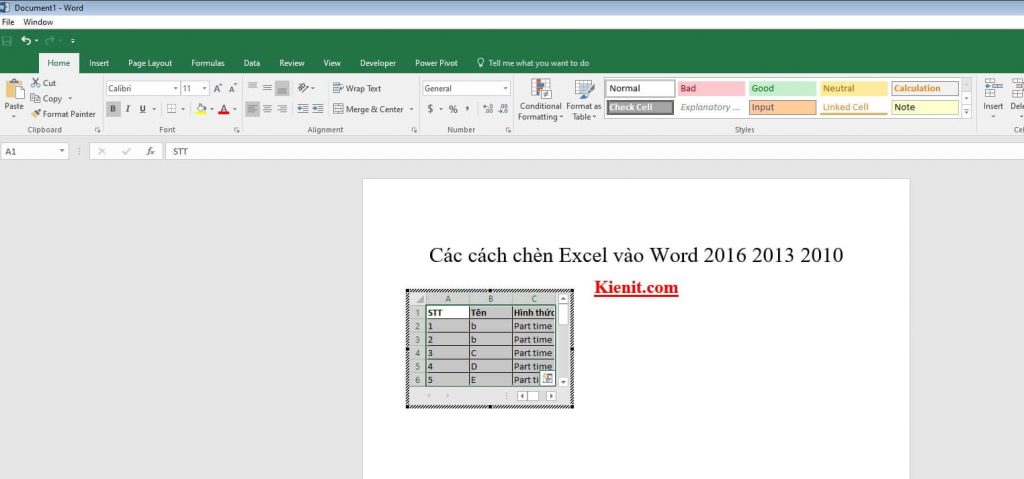 Chỉnh sửa file Excel sau khi đã chèn vào Word