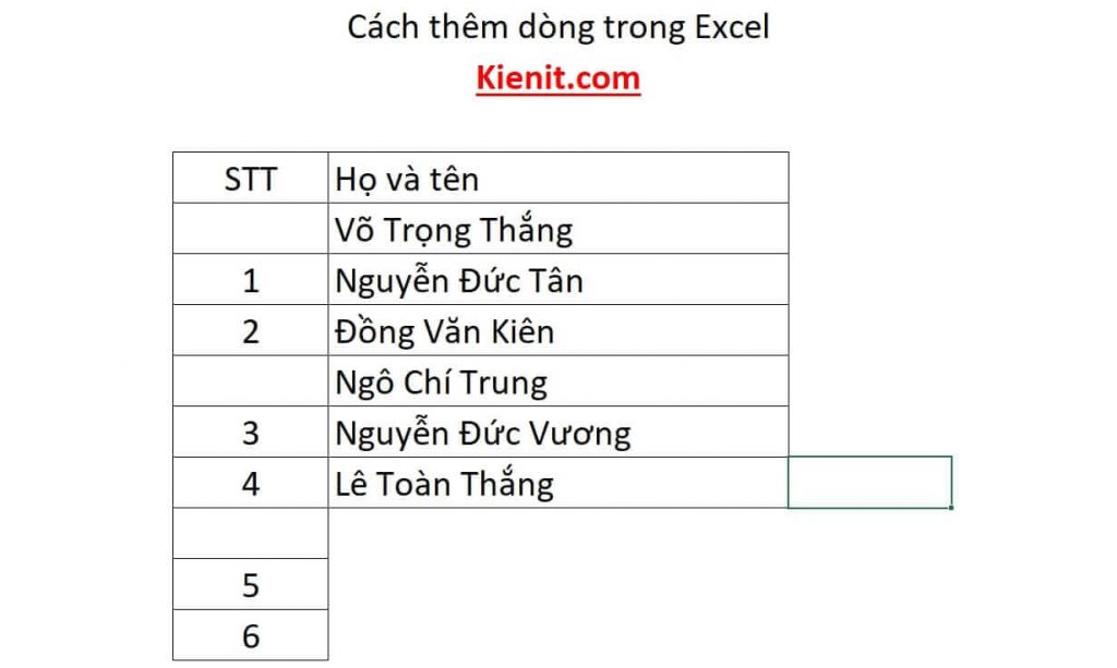 Chèn dòng xen kẽ trong Excel