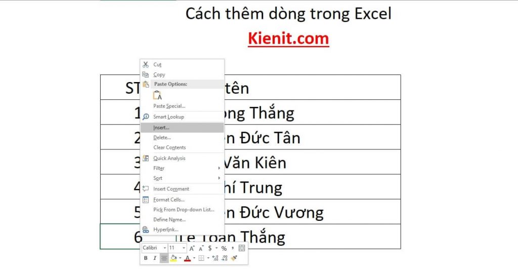 Dùng công cụ Insert trong Excel để thêm dòng